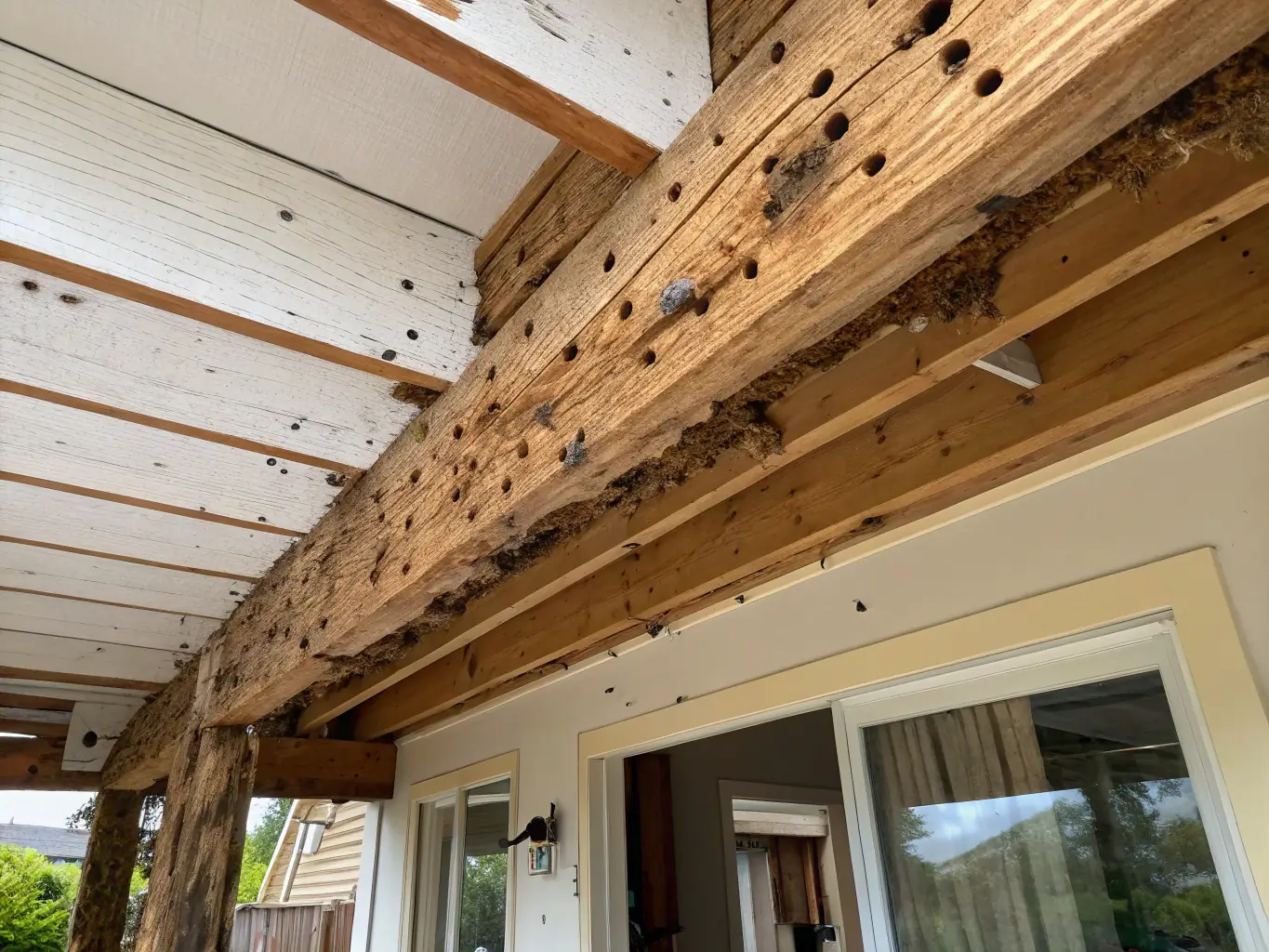 A close-up image of woodworm damage in a timber beam, showing the characteristic holes and tunnels. The image should be clear and informative.