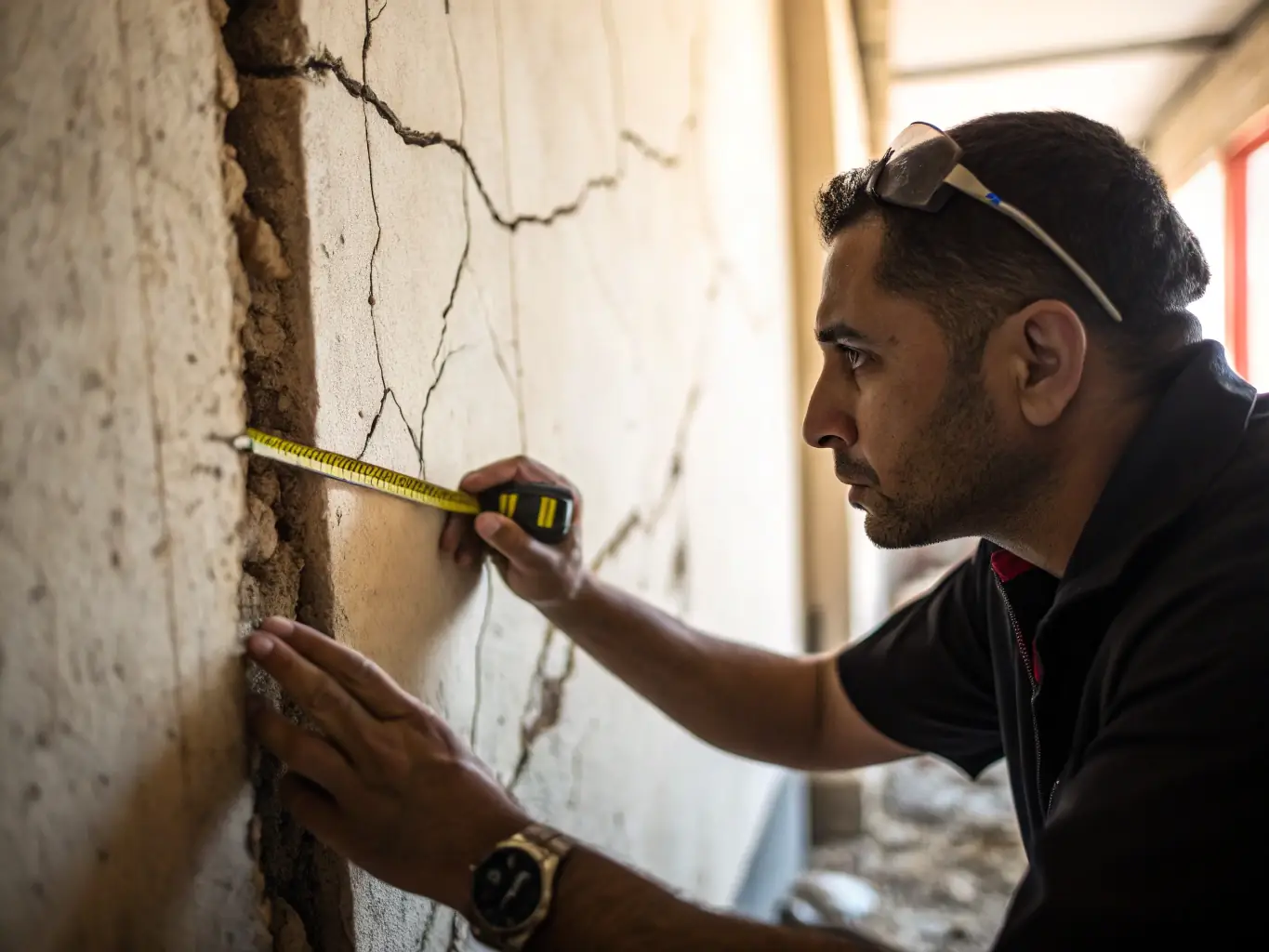 A surveyor inspecting a wall for dampness with a moisture meter, in a residential property setting. The image should convey professionalism and attention to detail.